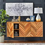 Buffet Alexandrie Chevron Chêne Mid-Century Moderne 2 Portes 3 Tiroirs : Desserte Mid-Century, Pieds Épingle, Rangement