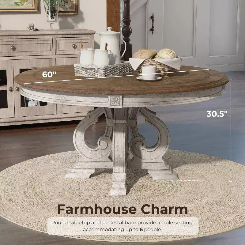 Table à manger ronde blanche - Chic Campagne, 6 places, Piétement central