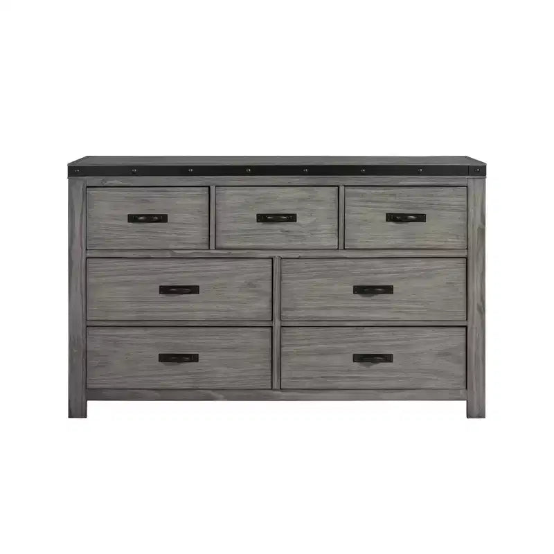 Commode 7 tiroirs Montauk Grise : Rangement spacieux, Indispensable pour la chambre, Accents métalliques