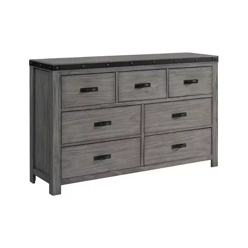 Commode 7 tiroirs Montauk Grise : Rangement spacieux, Indispensable pour la chambre, Accents métalliques