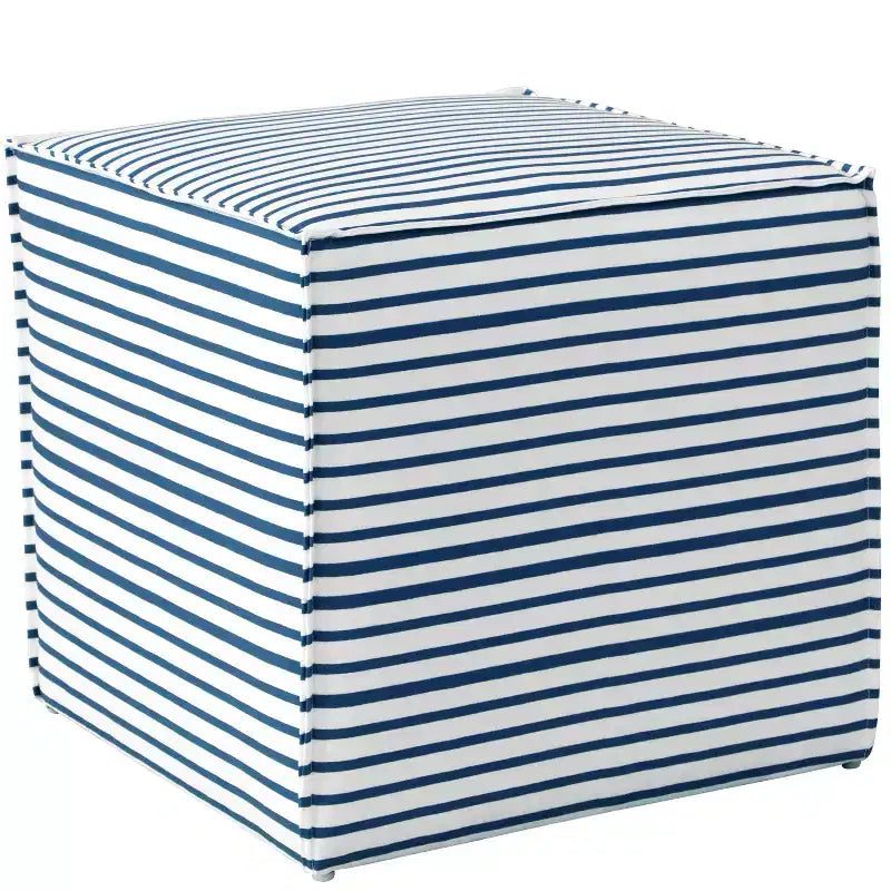 Pouf ottoman français en toile à rayures nautiques : repose-pieds moderne, sans assemblage, structure en bois