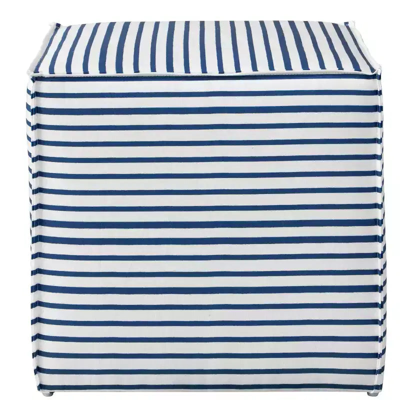 Pouf ottoman français en toile à rayures nautiques : repose-pieds moderne, sans assemblage, structure en bois