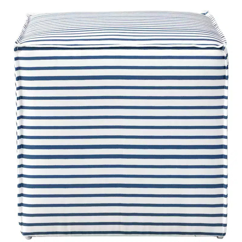 Pouf ottoman français en toile à rayures nautiques : repose-pieds moderne, sans assemblage, structure en bois