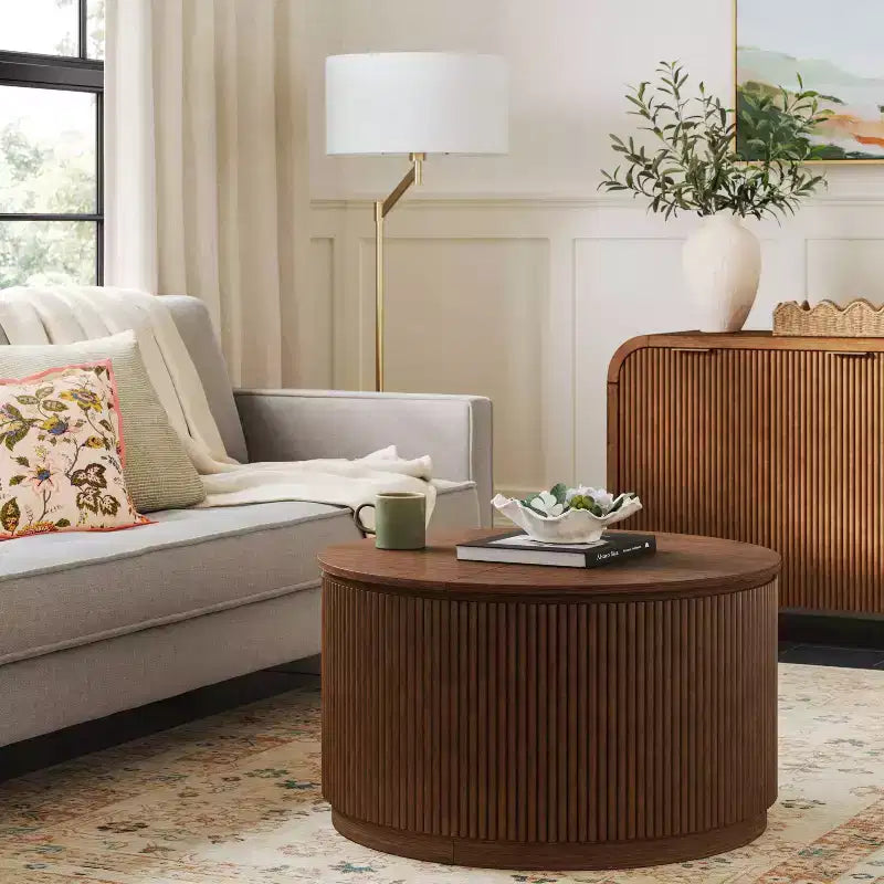 Table basse de rangement Lupine cannelée avec plateau amovible, marron foncé
