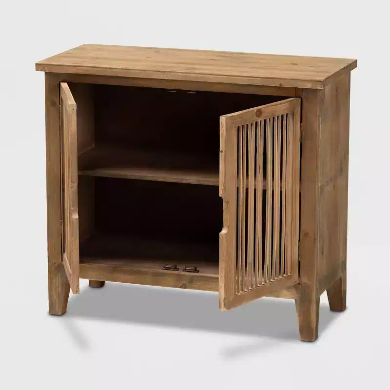 Meuble de rangement Clement à 2 portes avec brochettes en bois, couleur marron : Style bohème, étagères fixes, aucun assemblage requis