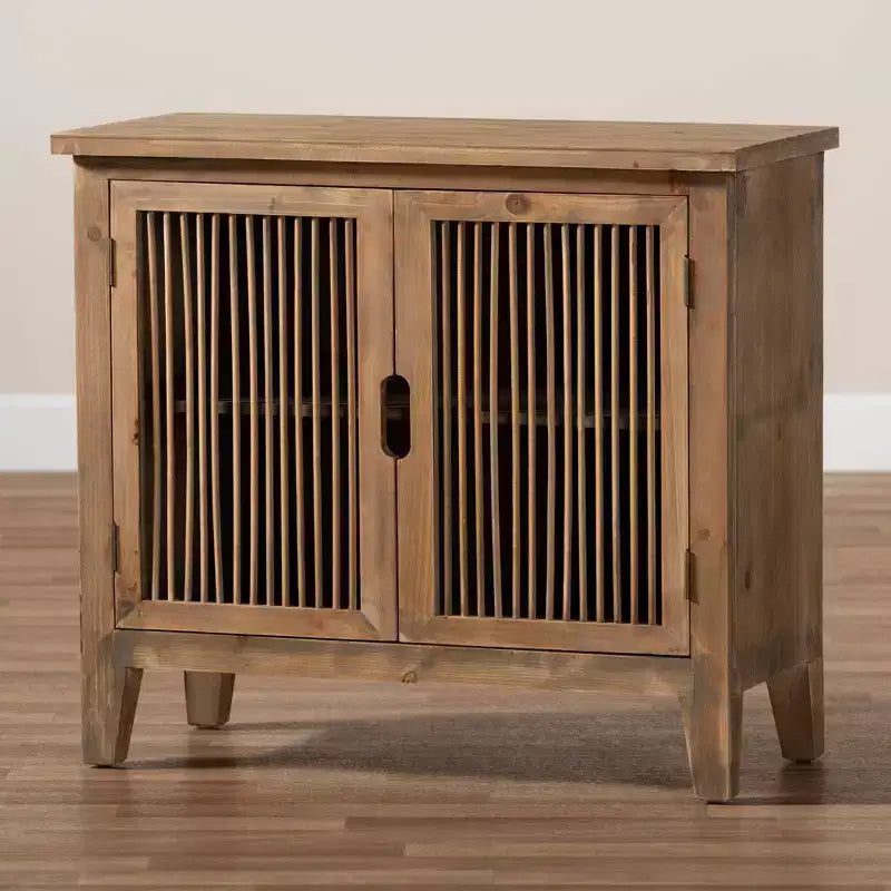 Meuble de rangement Clement à 2 portes avec brochettes en bois, couleur marron : Style bohème, étagères fixes, aucun assemblage requis
